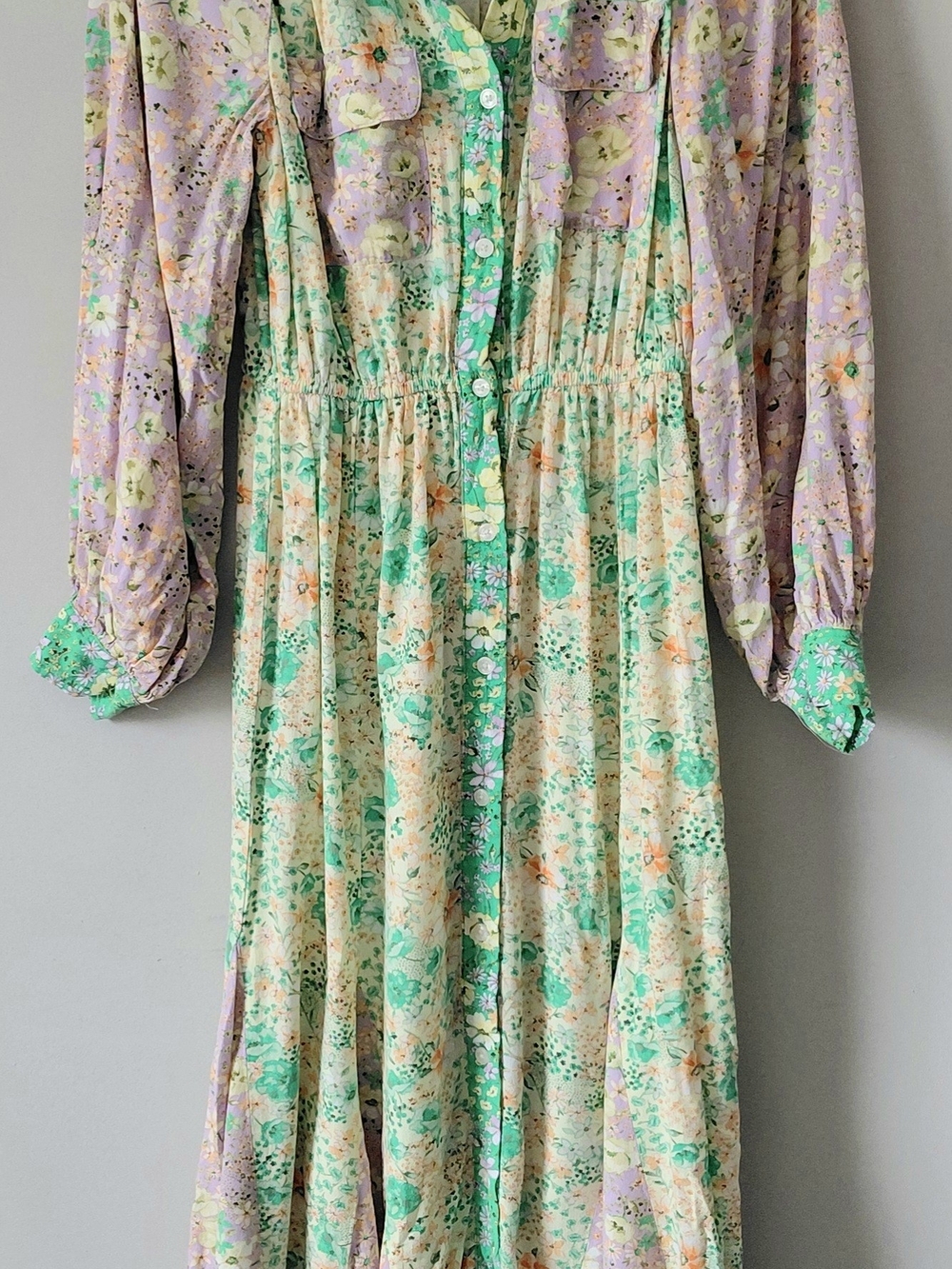 LOFT Long Sleeve Floral Dress in Mint Green and Lavender